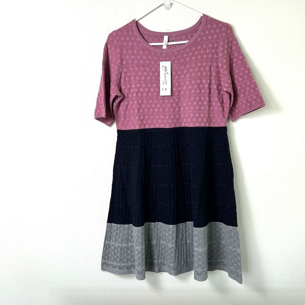NY Collection Sweater Dress Womens Petite L PL Pink Navy Gray Colorblock NWT